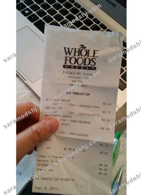 Canada Whole foods market payment receipt